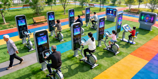 某市智慧体育公园项目实景，市民在使用智能健身器材