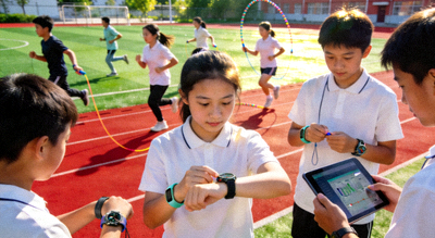 学校操场学生进行体育课活动，使用智能设备记录数据